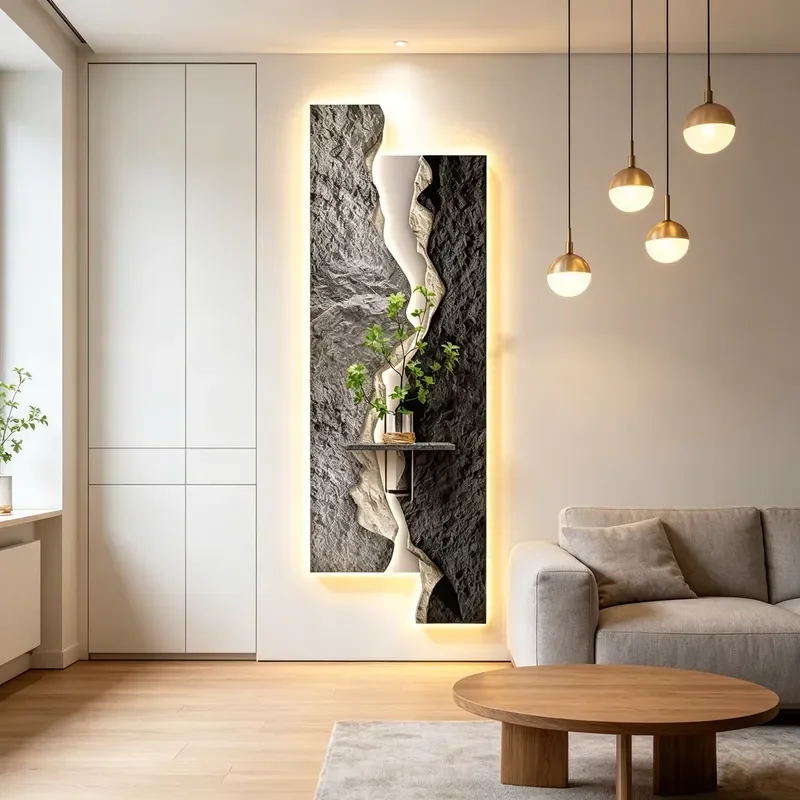 3D Sandstone Wall Mural with LED Light and Vase Sandstone Wall Art Painting Luxury Luminous Wall Hanging Decor for Living