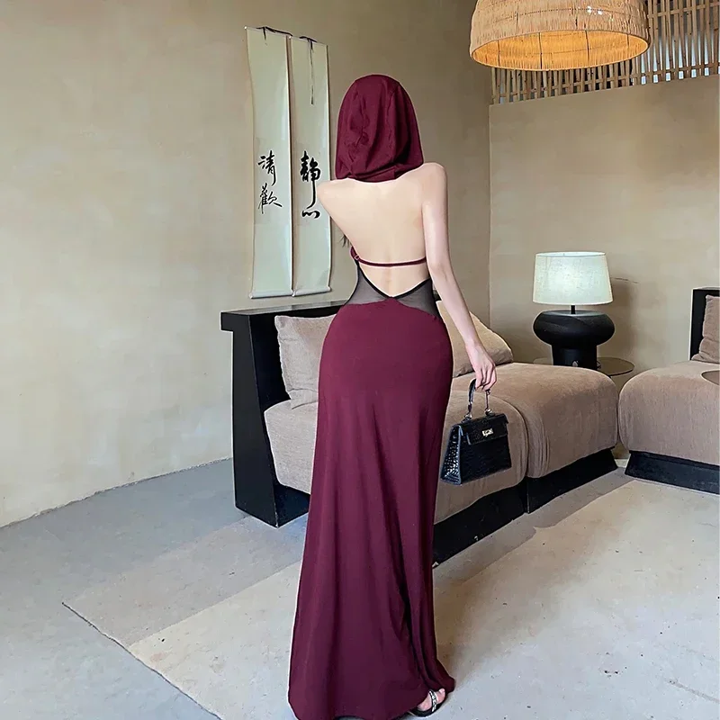 MiiiiX American Retro Cool Backless Long Dress Women 2024 Autumn New Fashion with Hooded Waist Gauze Splicing Sheer Party Dress