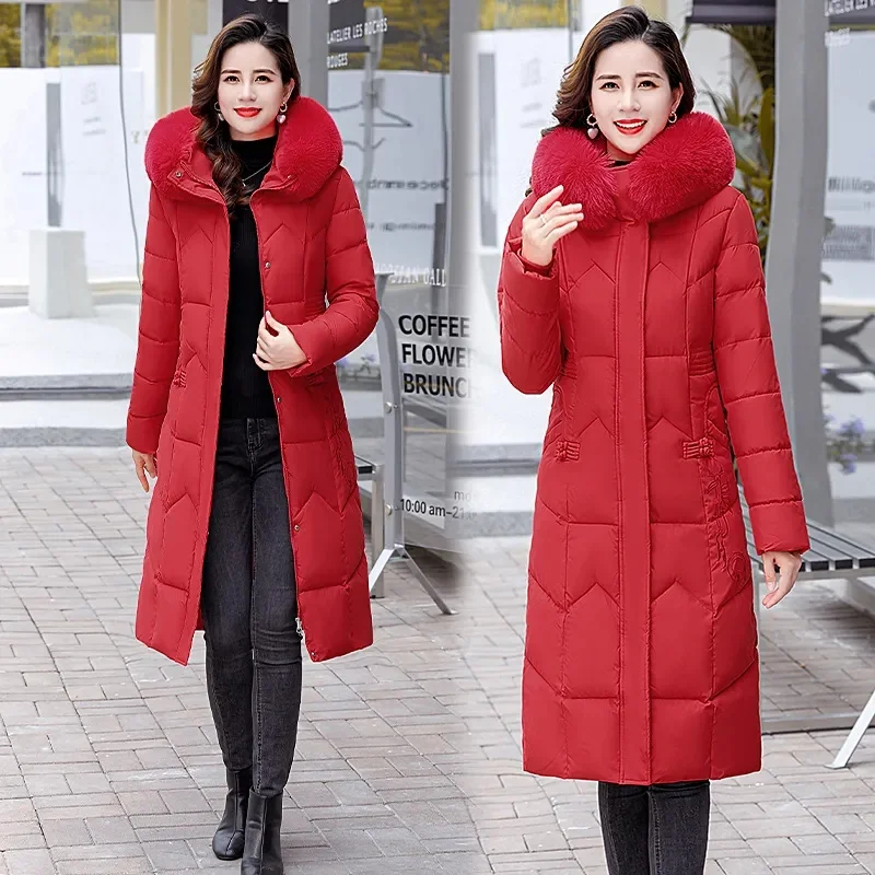 2024 Women\'s Winter Long Coat Warm Cotton Jacket Fur Neckline Hooded Parka Coats Fashion Ultra Thin Snow Jackets Outwear Female