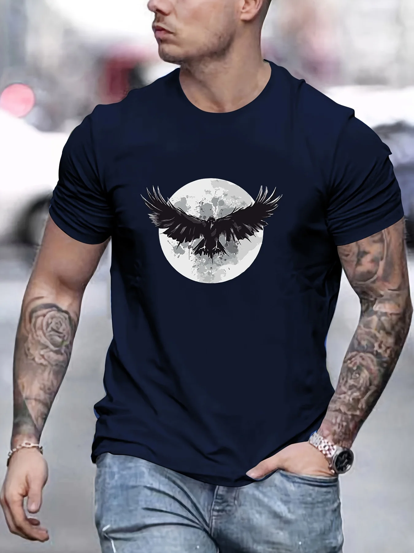 Men's 100% Cotton Moon Crow Pattern Print Crew Neck Short‑Sleeve T‑Shirt Streetwear Daily Wear Spring Summer Autumn Casual Top