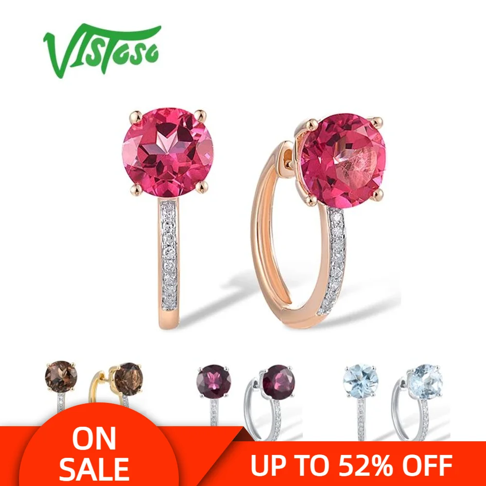 

VISTOSO 14K 585 White/Yellow/Rose Gold Hoop Earrings For Lady Diamond Pink Blue Topaz/Garnet/Smoky Quartz Simple Fine Jewelry
