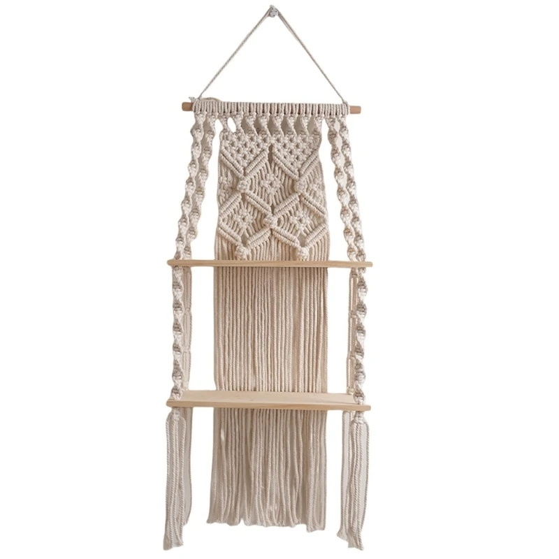 and Cotton Rope Wall Shelf Vintage Inspired Tassels Floating Shelf Handwoven 2 Layer Storage Rack