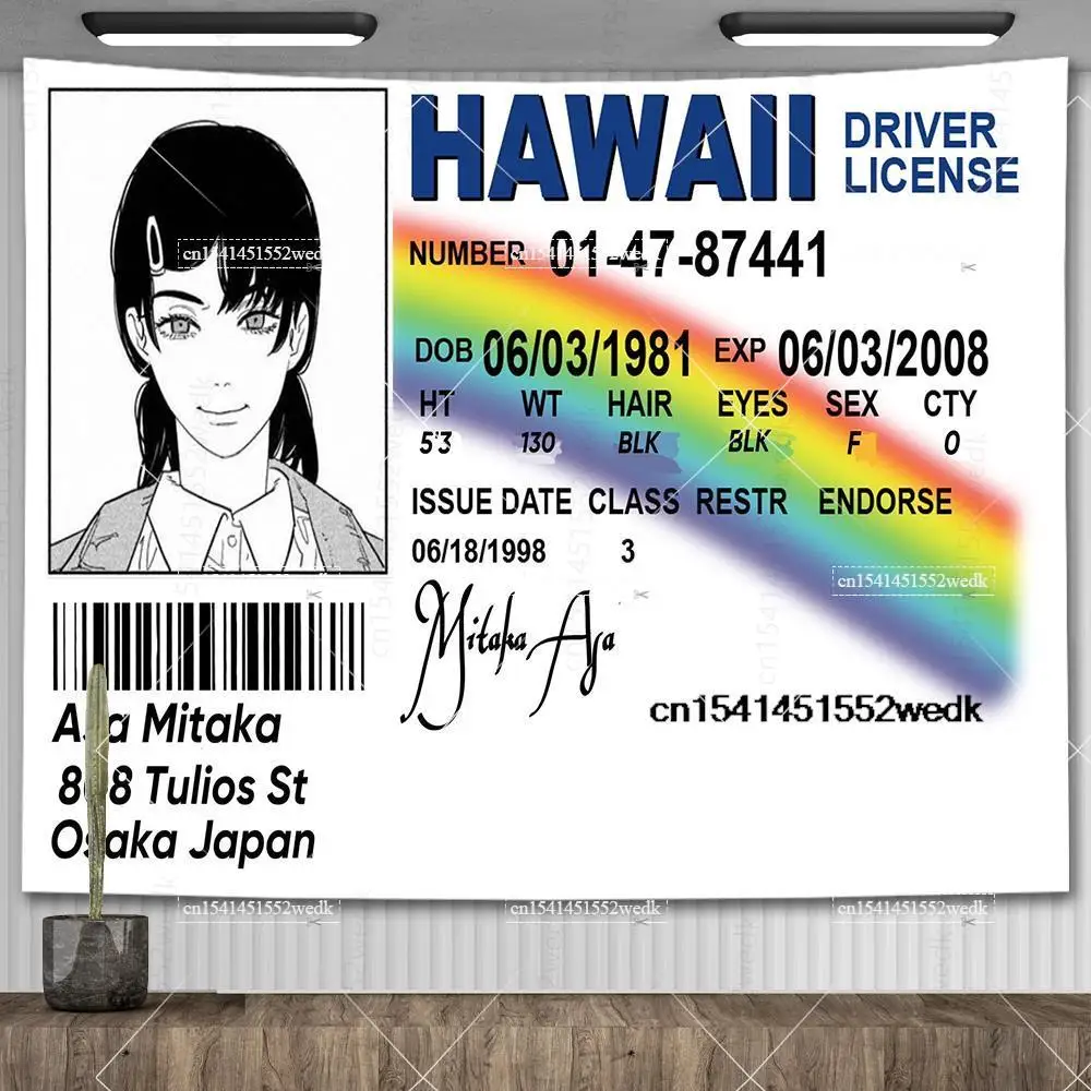 Asa Mitaka ID Flag Hawaii Driver License Wall Hanging Tapestry Funny Anime Tapestries Aesthetic Room Decoration Art Posters