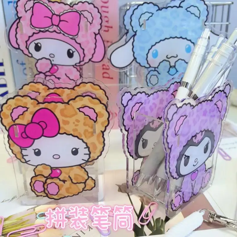 Kawaii Sanrio Hello Kitty Acrylic Pen Holder Kuromi Cartoon Leopard Print Series Stationery Storage Box Desktop Decoration Gift