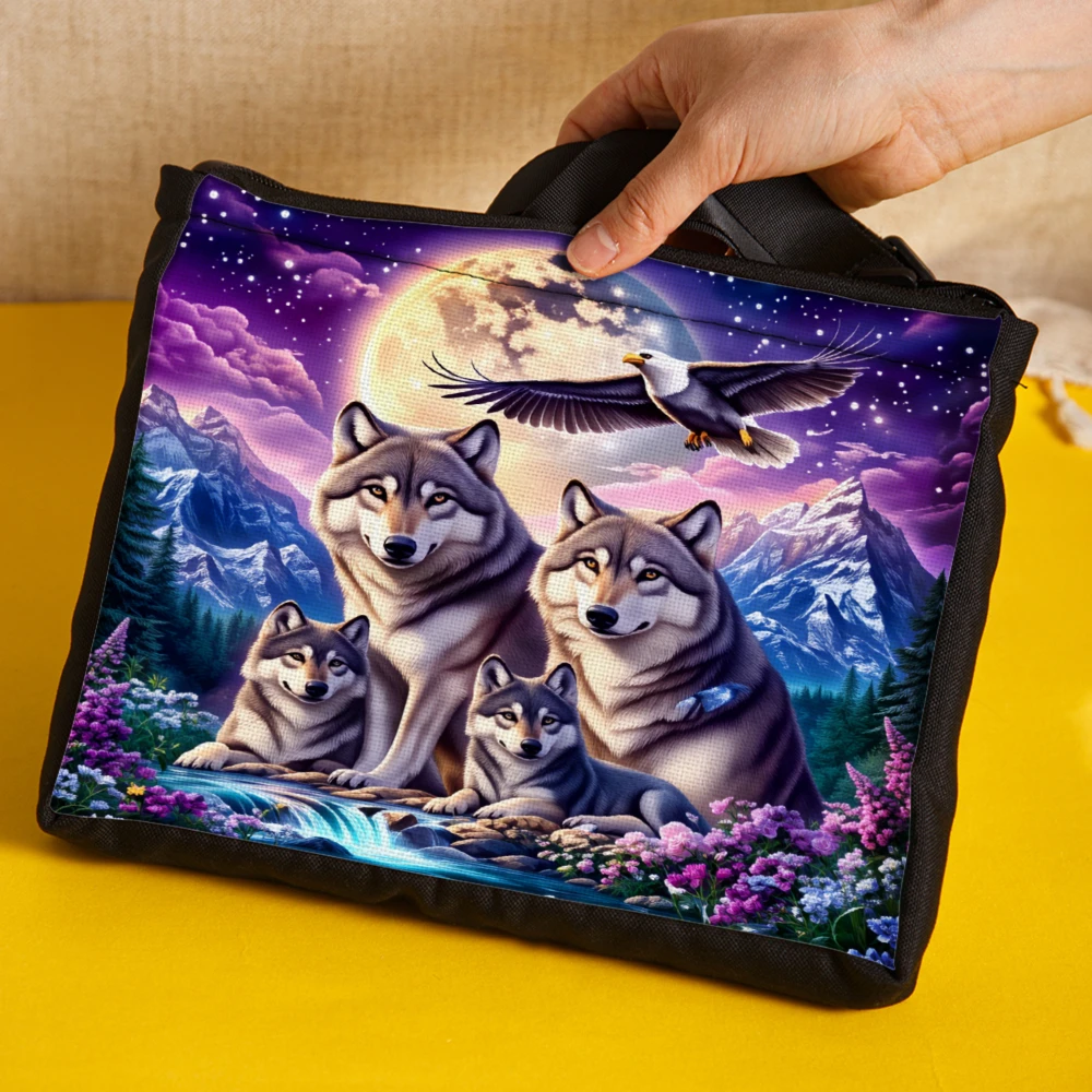 Wolf Family Moonlight Mountain Scene Crossbody Bag Black Wolf And Eagle Print Shoulder Bags For Women Outdoor Nature Lover Trave