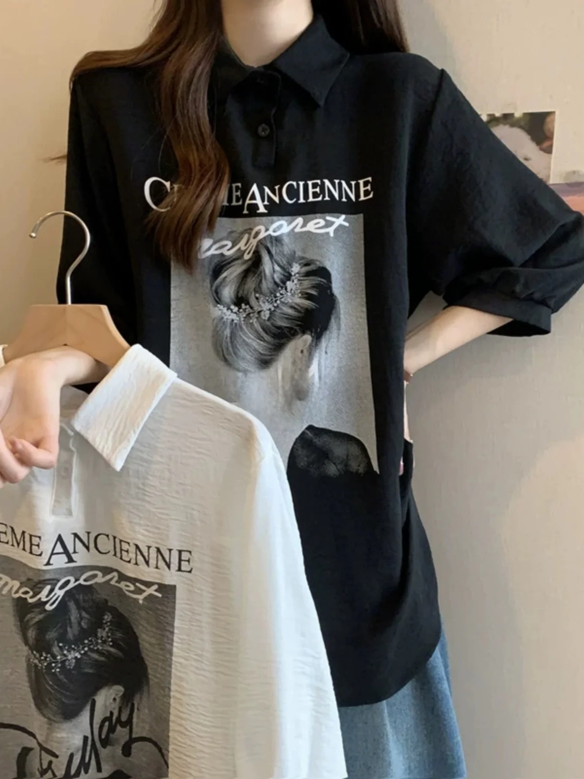 Taglie forti Stampa estiva irt Vestibilità ampia Colletto Five Sve Casual Top Perdita di peso Rafforzamento della pelle Coreano Sle Pendolarismo