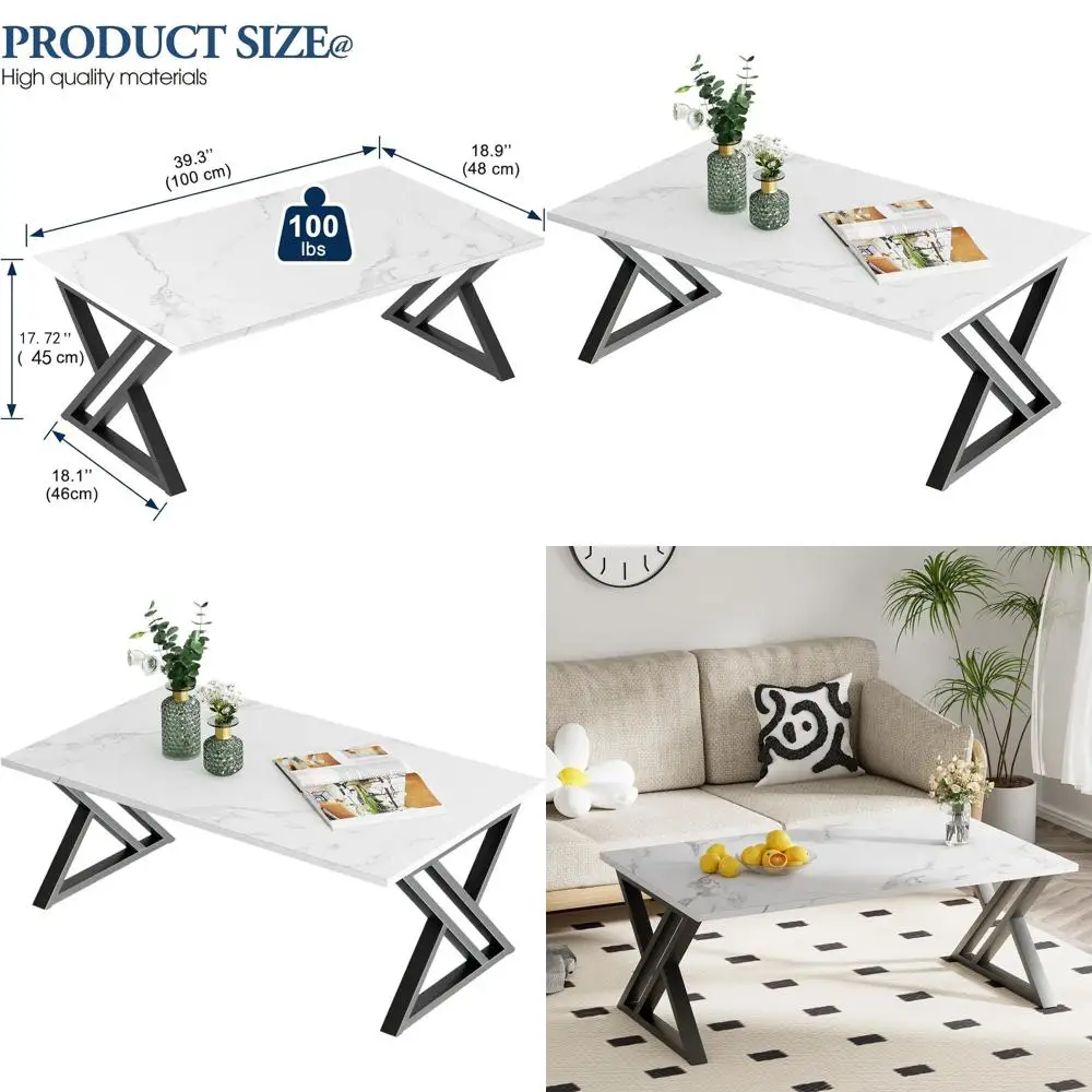

Современный прямоугольный журнальный столик из искусственного мрамора с черной металлической рамой для гостиной и домашнего офиса