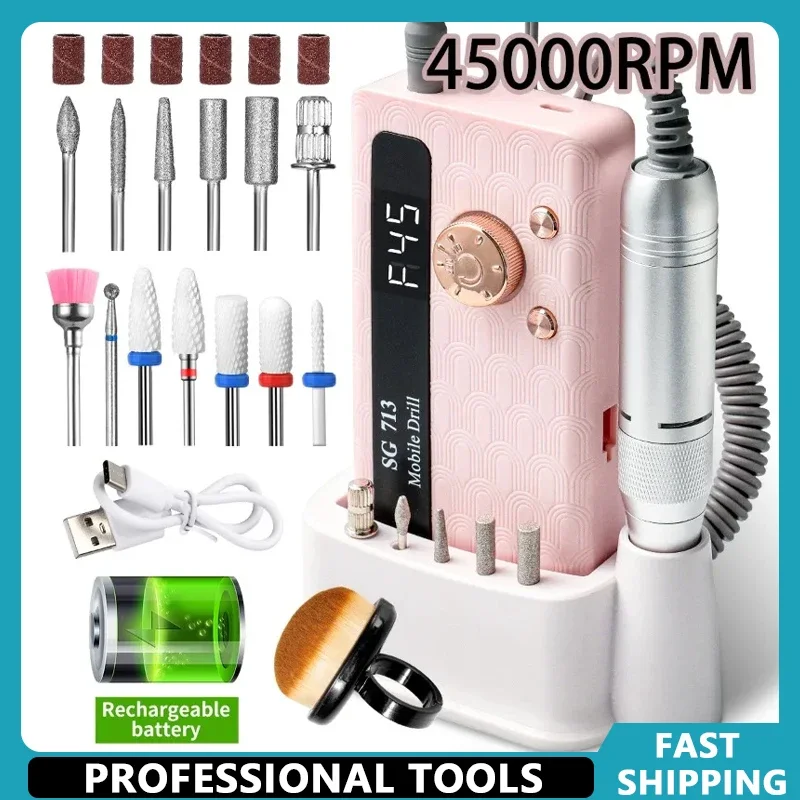 Rechargeable 35000/45000RPM Electric Nail Drill Portable Professional Manicure File for Efficient Gel Polish Removing & Grinding
