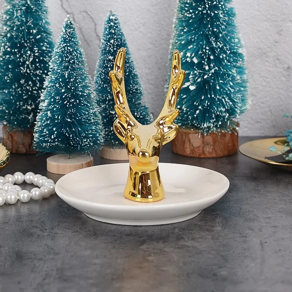 Nordic Ceramic Deer Head Jewelry Organizer Tray, Gold Ring Holder Display