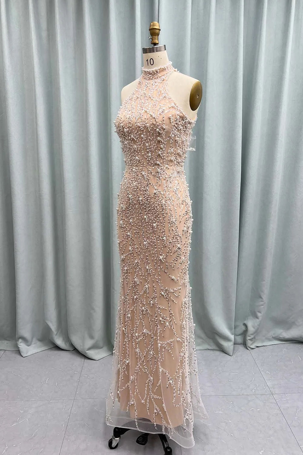 YQLNNE Luxury Arabic Mermaid Evening Dress with Gloves Pearls Beading Formal Special Occasions Wedding Party Gown for Women