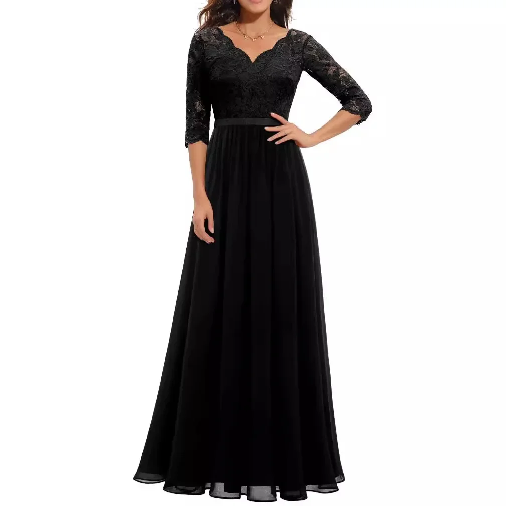 6-Color 4-Code New European and American Hot Sales Amazon Dress Lace Splicing Long Waist-Fitted Noble Gown Dress