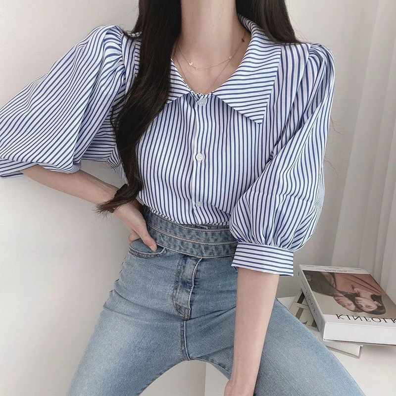 

Women's Retro Striped irt f Sve Button up Top Long Sve Commute Sle Regular Length Collar Fabric Blend