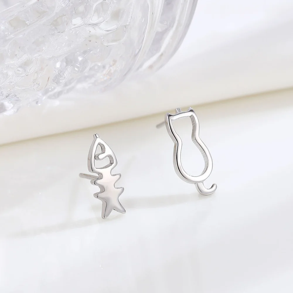 Unique Ins Style S925 Silver Stud Earrings: Asymmetric Cat and Fish Design, Ideal for Fashionable Women and Girls