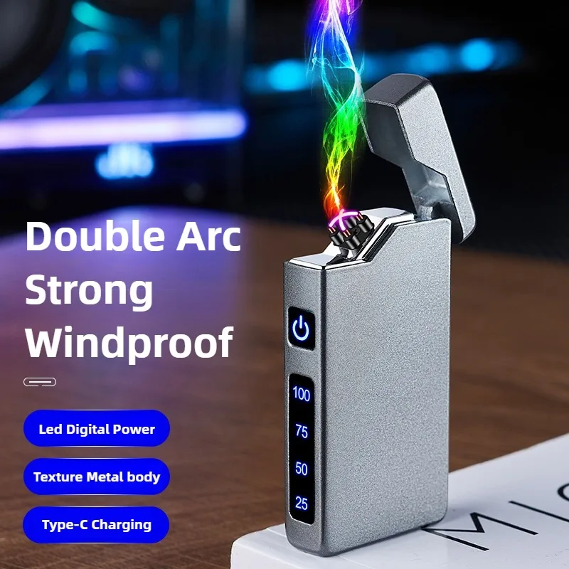 Double Arc Lighter with LED Power Display Windproof Metal Body Type-C Charging Custom Engrave for Outdoor Survival