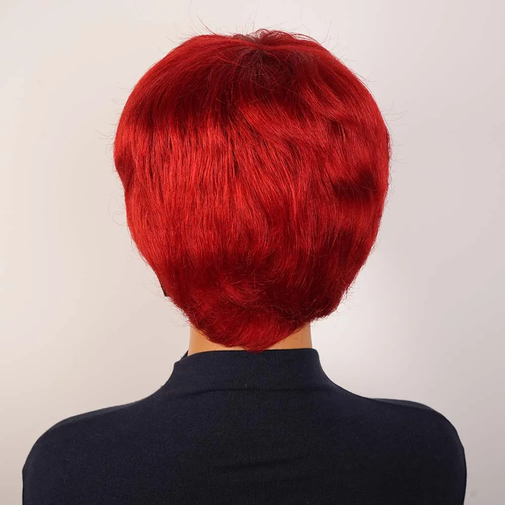شعر مستعار أحمر قصير الطبقات بقص عابث للنساء ذوات البشرة السمراء، شعر بشري ريمي مستقيم مصنوع آليًا مع غرة للاستخدام اليومي
