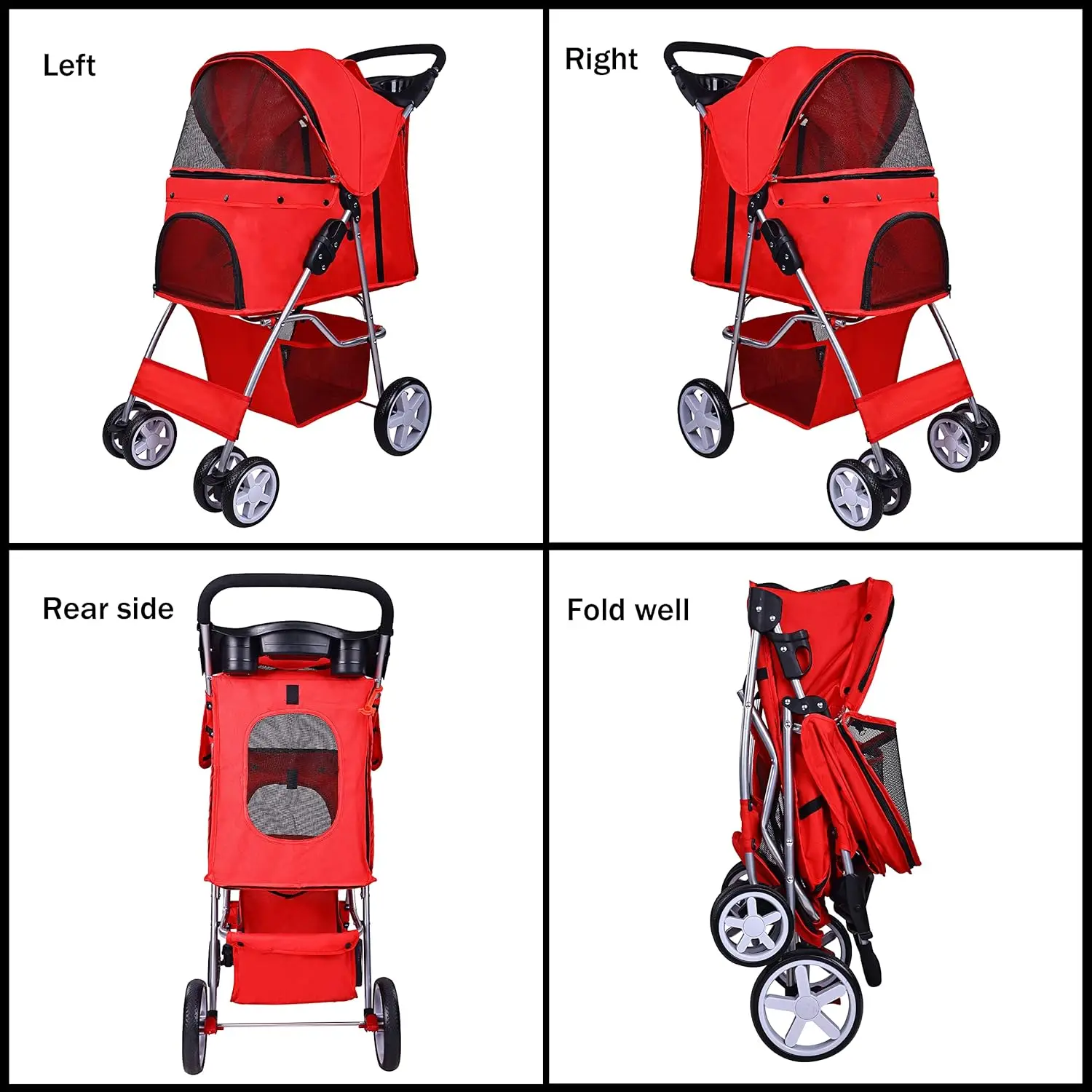 Pet Stroller, 4 Wheels Multifunction Dog Cat Stroller, Folding Portable Travel Stroller with Detachable Carrier, Red