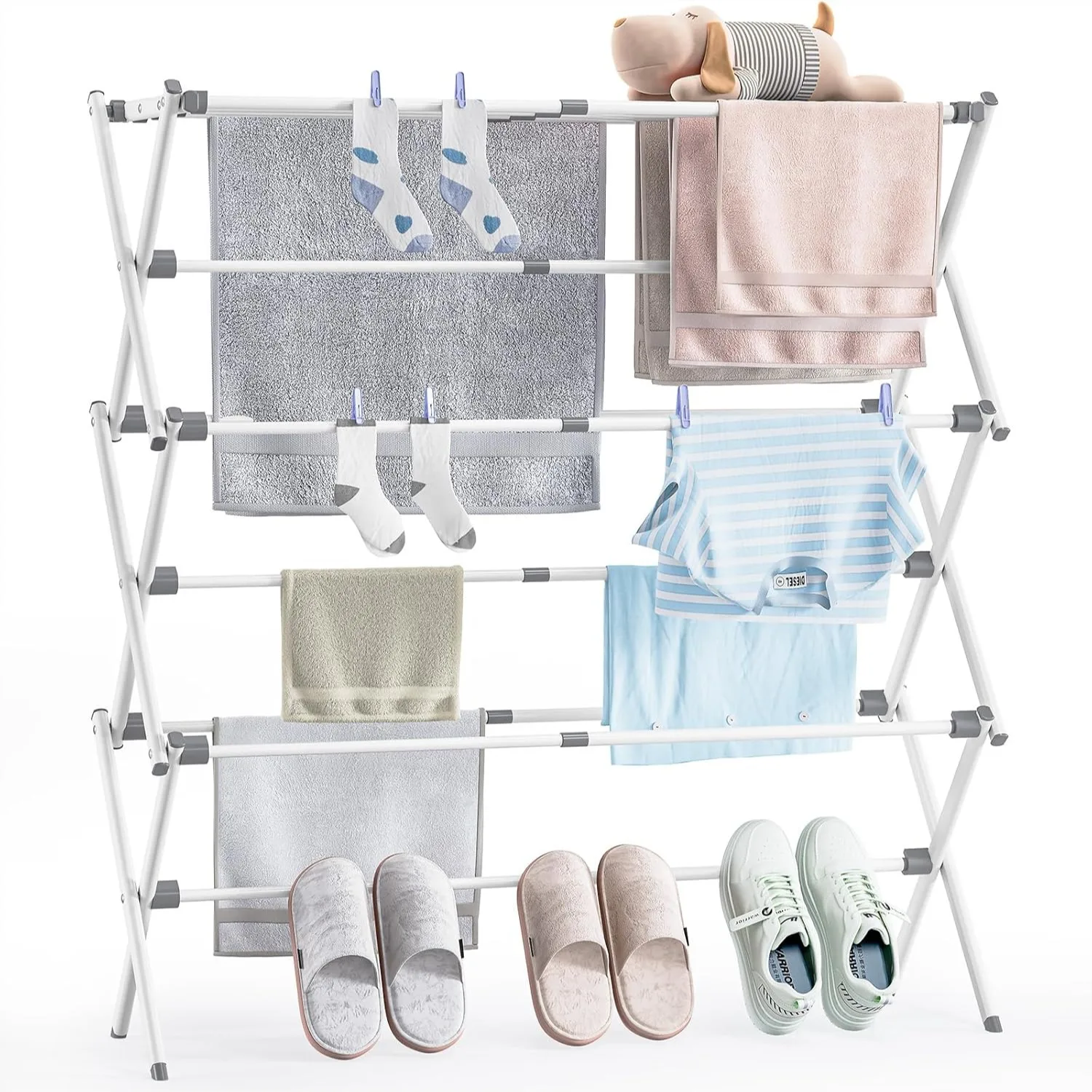 

Foldable Clothes Drying Rack, Adjustable Size 14.57-35.43inW, Space-Saving Rust-Resistant Frame for Indoor/Outdoor Use