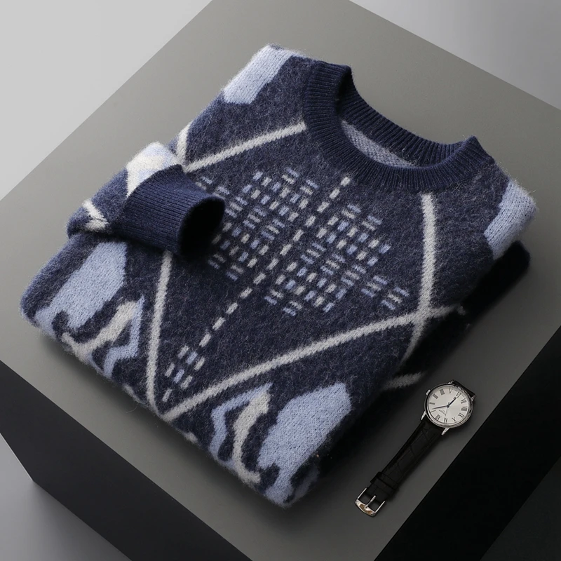 Autumn And Winter New Pure Wool Men's Round Neck Jacquard Sweater Thickened Warm Knit Loose Cashmere Bottoming Shirt