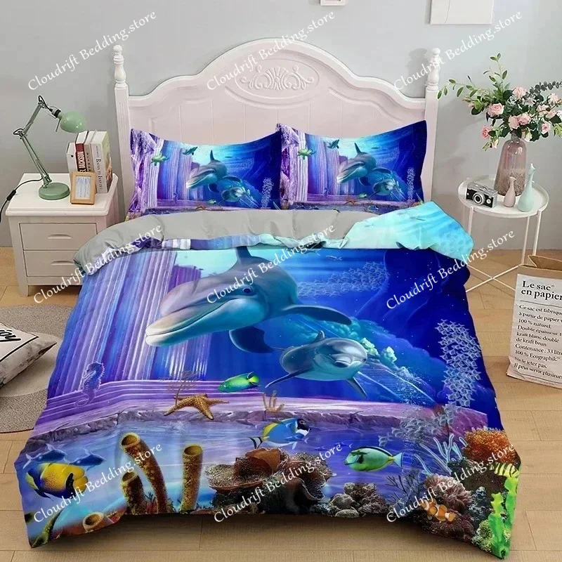 3D Dolphin In Blue Sea Queen King Size Bedding Sets Animal Single Quilt Duvet Cover Set Boys Adult Bed Polyester Bedclothes