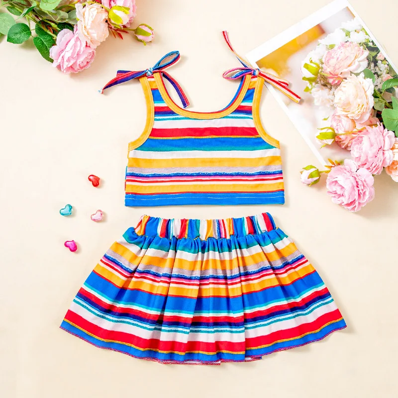 Conjunto de vestido de verão para meninas elegante e fofo colorido listrado camisola colete saia2conjunto