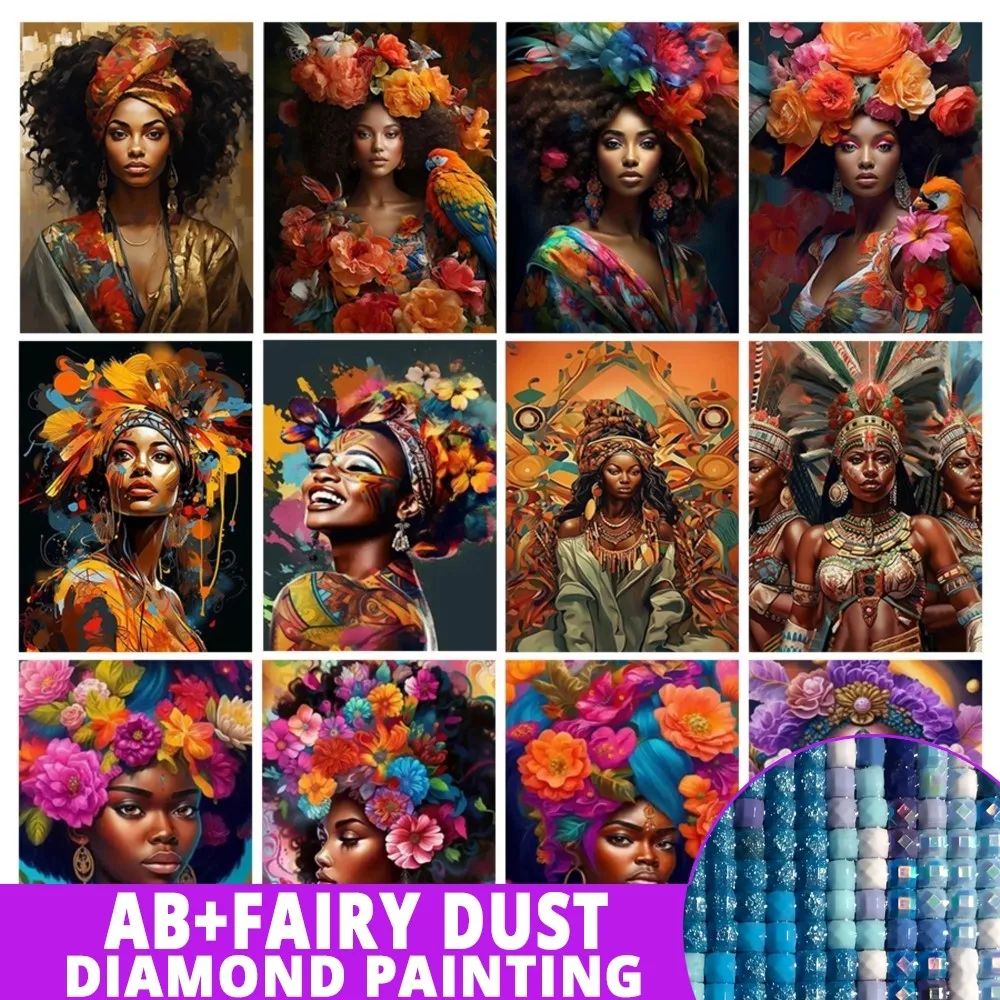 

Fairy Dust AB Diamond Painting New Collection African Woman Flower Full Mosaic Arts Diy Embroidery Girl Wall Decor