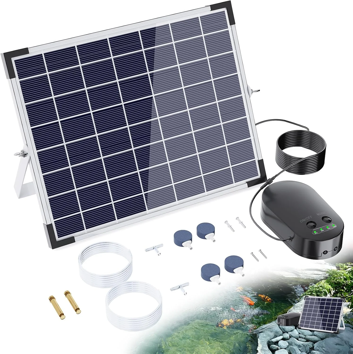 

15W Solar Aerator Air Pump Battery with Air Hoses and Bubble Stones Fish Tank Pond Bubble Oxygenator