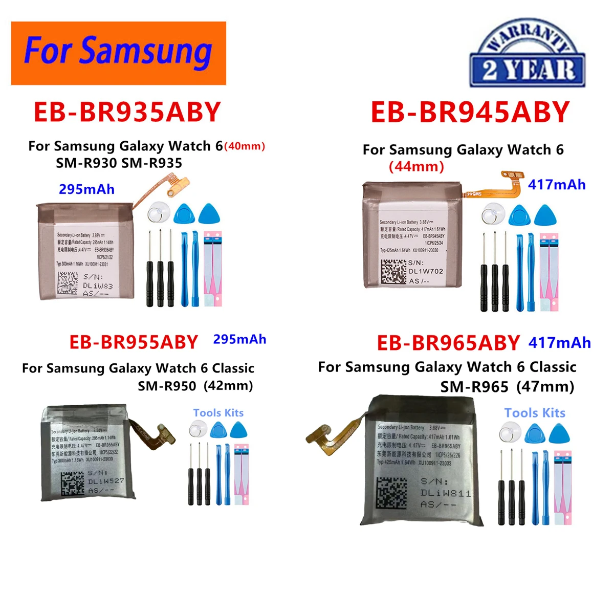 EB-BR955ABY EB-BR965ABY EB-BR935ABY EB-BR945ABY For Samsung Galaxy Watch 6 40MM 44MM Watch 6 Classic 42MM 47MM Watch Batteries