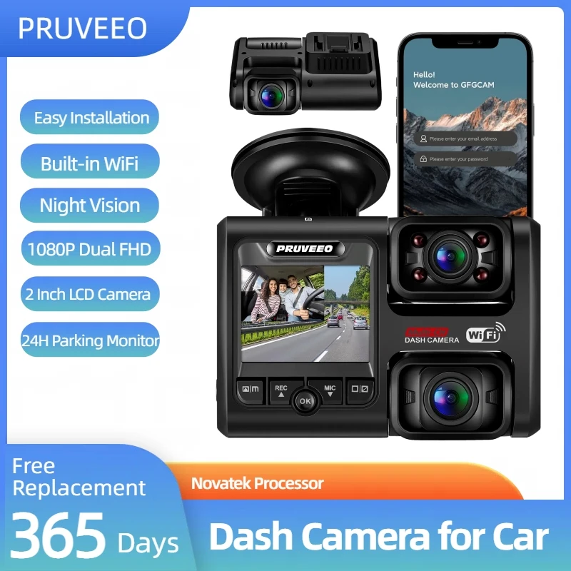 PRUVEEO Dash Cam 1080P FHD Novatek Processor with WiFi 24H Parking Monitor 2 Inch LCD Camera 512G Infrared Night Vision