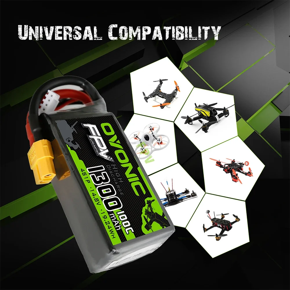 OVONIC 4s 1300mAh 100C Max 200C Lipo 4S1P  Battery with XT60 Connector for 250 FPV Frame RC Drone Heli Quad Boat