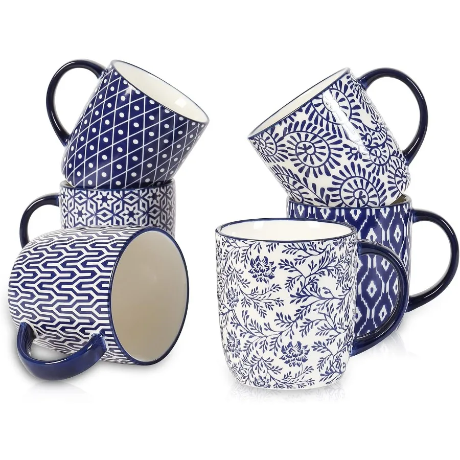 

Set of 6 10 oz Coffee Mugs with Handle for Cappuccino Latte Cocoa Milk Tea Ceramic Coffee Cups with Vintage Blue Design Dishwas