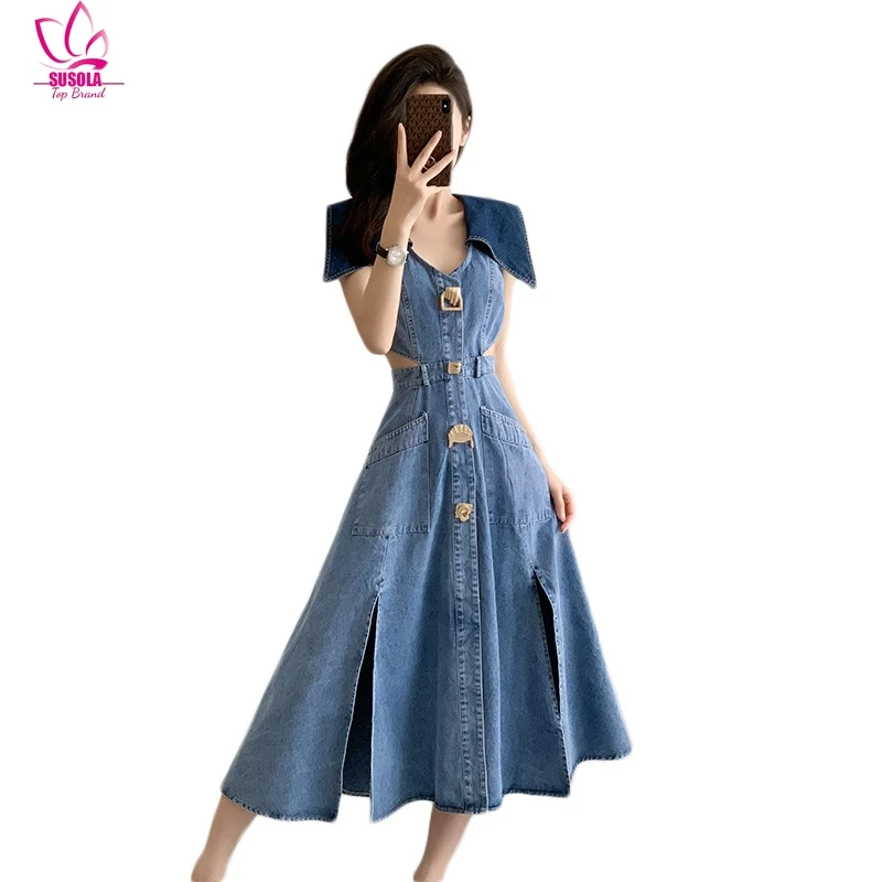 SUSOLA Retro Denim Dress Women's 2024 Summer Shirt Collar Hollow Split Waist Long Frock Sleeveless One-piece Sexy Denim Dress