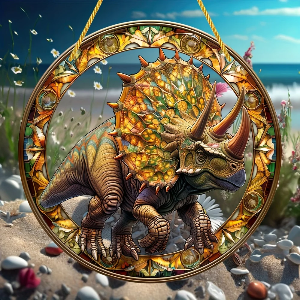 Ancient Triceratops Stained Glass Suncatcher-Round Acrylic Hanging Catcher for All Seasons Decor,home,Outdoor Garden Room Decor