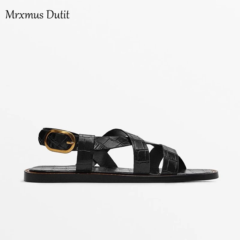 Mrxmus Dutit 2023 Spring Summer Fashion New Women Genuine Leather Round Head Flat Roman Sandals Simple Casual Shoes Female Chic