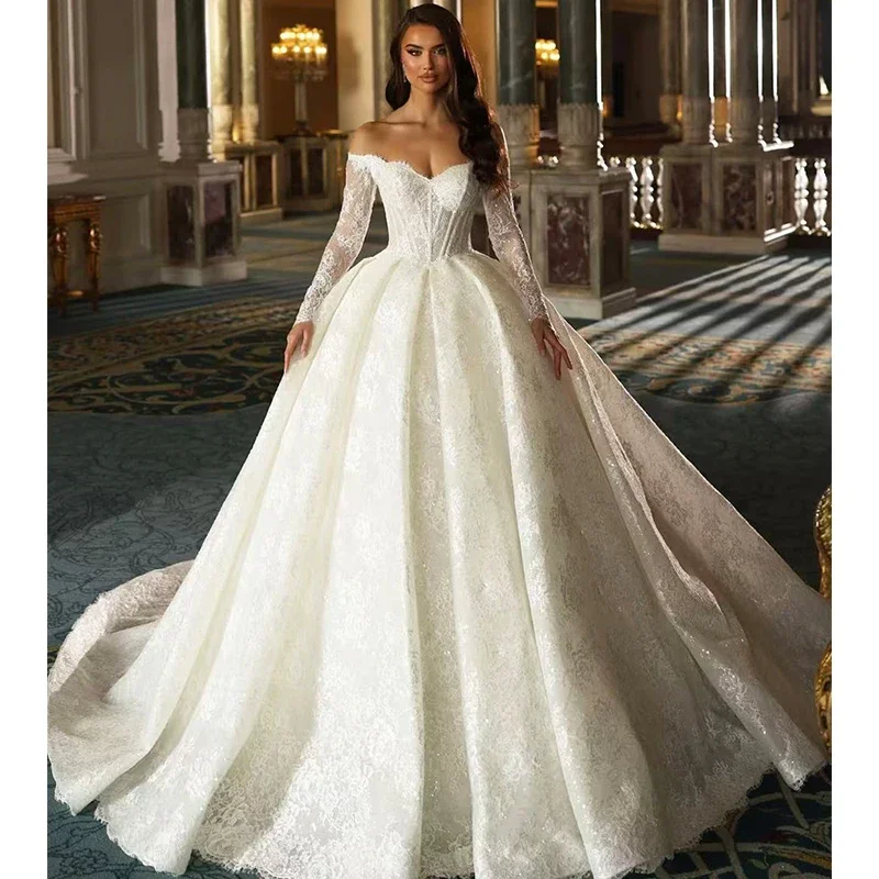 

Свадебное платье с открытыми плечами из органзы с вышивкой, бальное платье трапециевидной формы с длинными рукавами, индивидуальное платье невесты на пуговицах Robe De Mariee