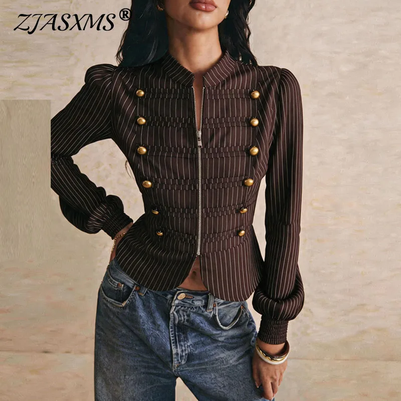 Women Striped Stand Collar Zip Blouse Puff Long Sleeve Double Breasted Gold Button Peplum Slim Fit Coat Vintage Shirt Casual Top