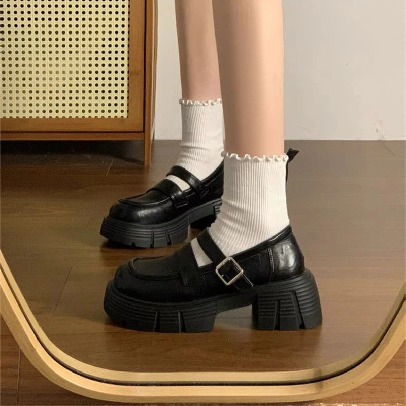 

​2025 Spring Autumn Women's Loafer Shoes Thick Heel Mary Jane Versatile Black British Style Platform Loafers​ for Women