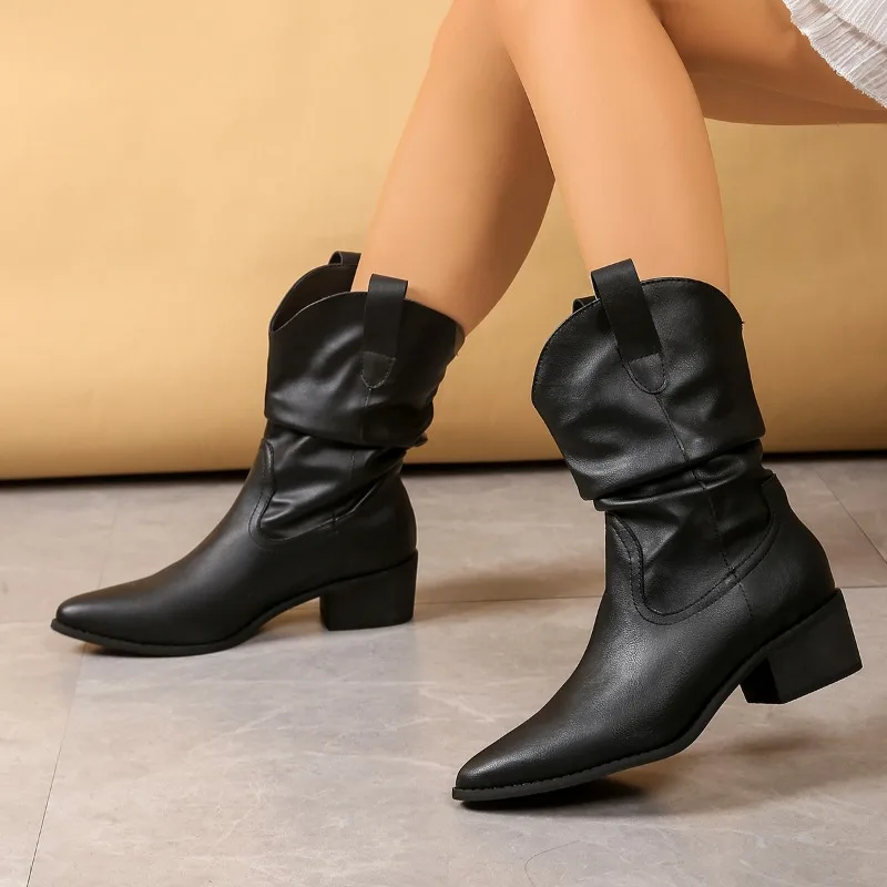 2025 النساء كعب سميك الأحذية الغربية النساء فو الجلد المدبوغ كعب مكتنز حذاء من الجلد الخريف جديد الخياطة الانزلاق على فارس الأحذية المدببة #4