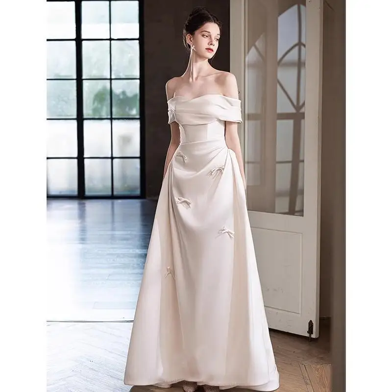 VENSANAC Elegant Pleat Boat Neck Satin A-Line Wedding Dress Off The Shoulder Bow Lace Up Backless Bridal Gown Customized