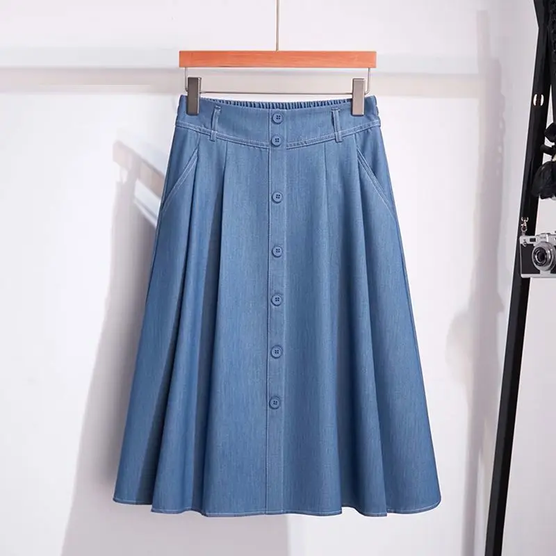 

Women Summer Simplicity Loose Office Lady Solid Color High Waist Denim Skirt Ladies Casual All-match Appear Thin A-line Skirt