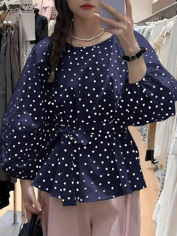 ZANZEA Women Fashion Lantern Sleeve Blouses 2025 Spring Casual O-Neck Tie-Waist Polka Dot Blusas Mujer Elegant OL Tunic Tops