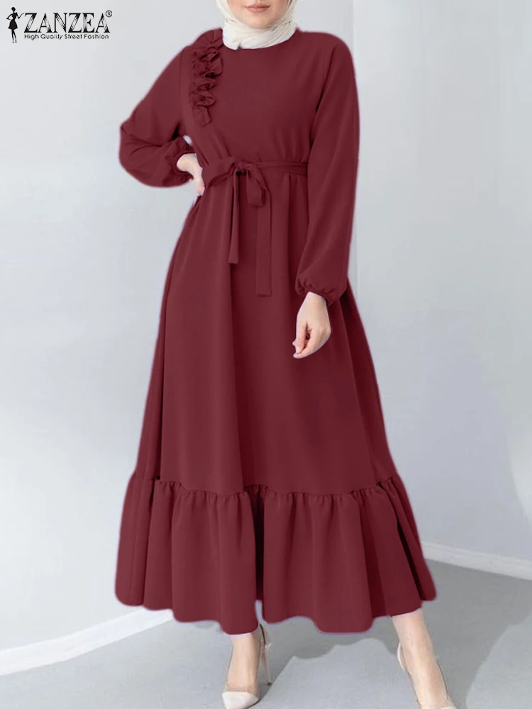 ZANZEA-vestido maxi manga comprida para mulher, hijab muçulmano, vestido maxi, bainha de babados, abaya betled, elegante e elegante, outono