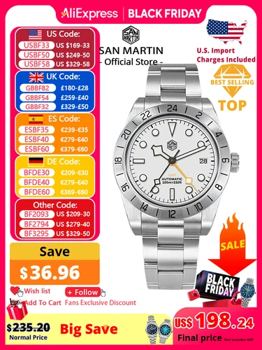 San Martin nuevo 39mm NH34 BB GMT reloj mecánico automático reloj deportivo zafiro luminoso impermeable 100m para hombres reloj SN0054