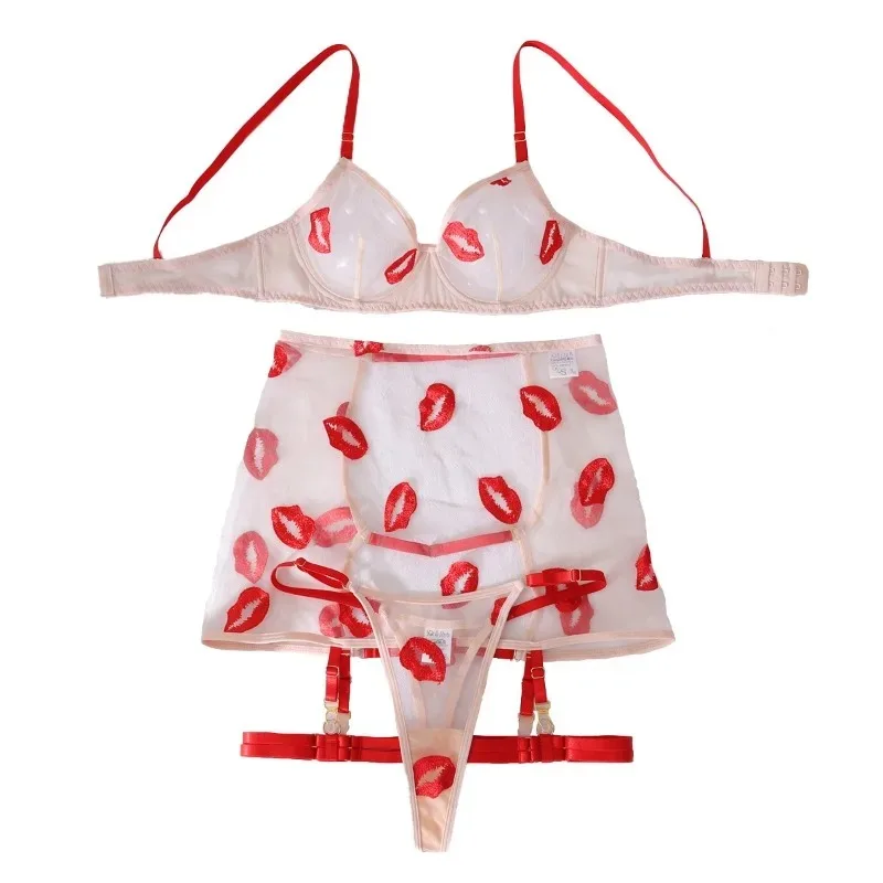 

Toucheart сексуальное нижнее белье с разрезом, тонкая прозрачная сетка, красная вышивка губ, универсальные подвязки, тонкое нижнее белье для тела, чистое и сексуальное нижнее белье