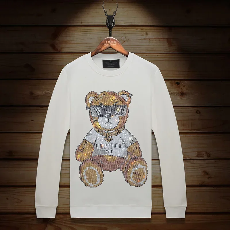 Plus Size 2024 Bear Rhinestones T Shirts Men Top Fashion Streetwear O Neck Long Sleeve Slim Modal Cotton Tshirts Mens Clothing