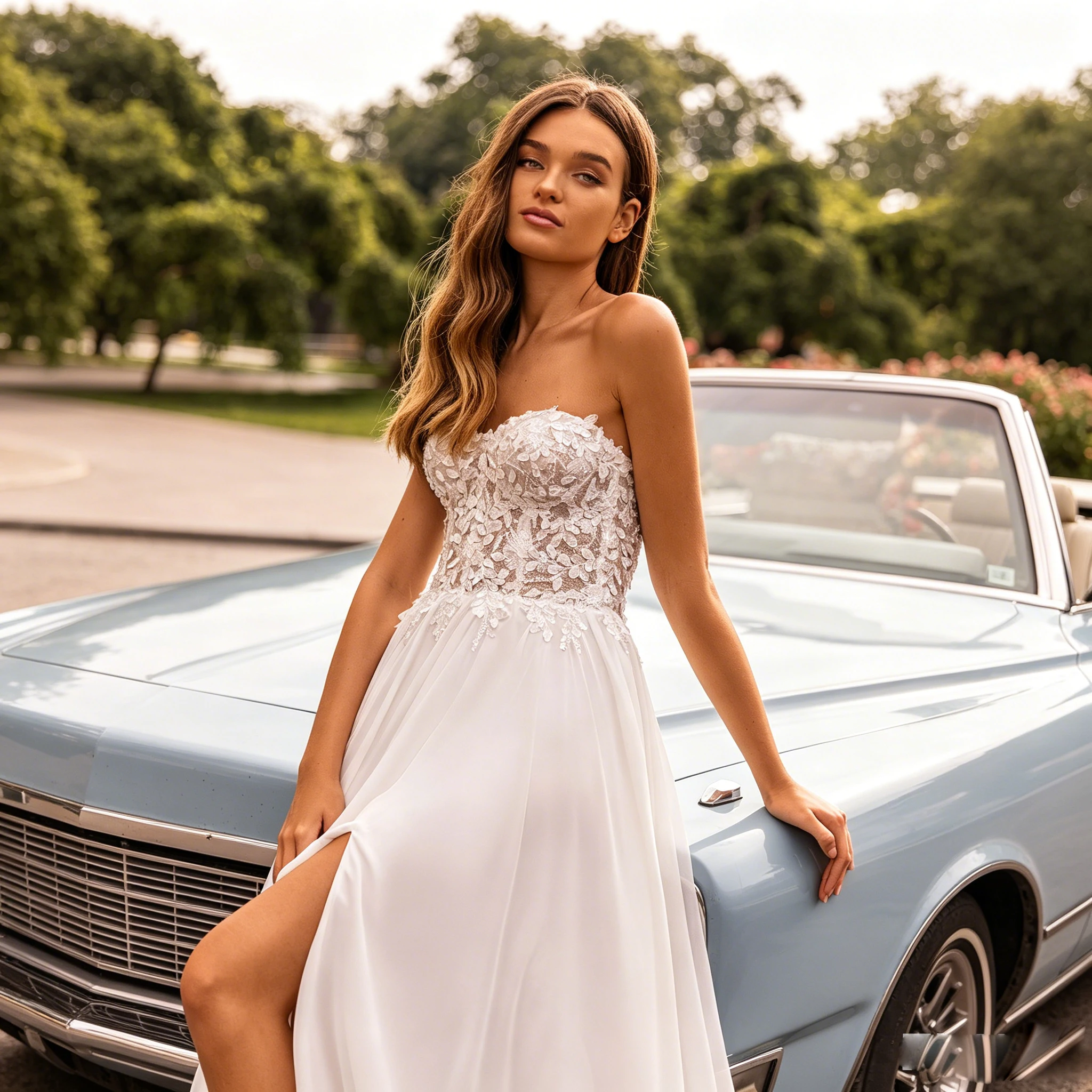 Strapless Lace Bodice Chiffon Wedding Dress High Slit A Line Long Train Ivory Bridal Gown Custom Plus Size Beach Outdoor Shoot