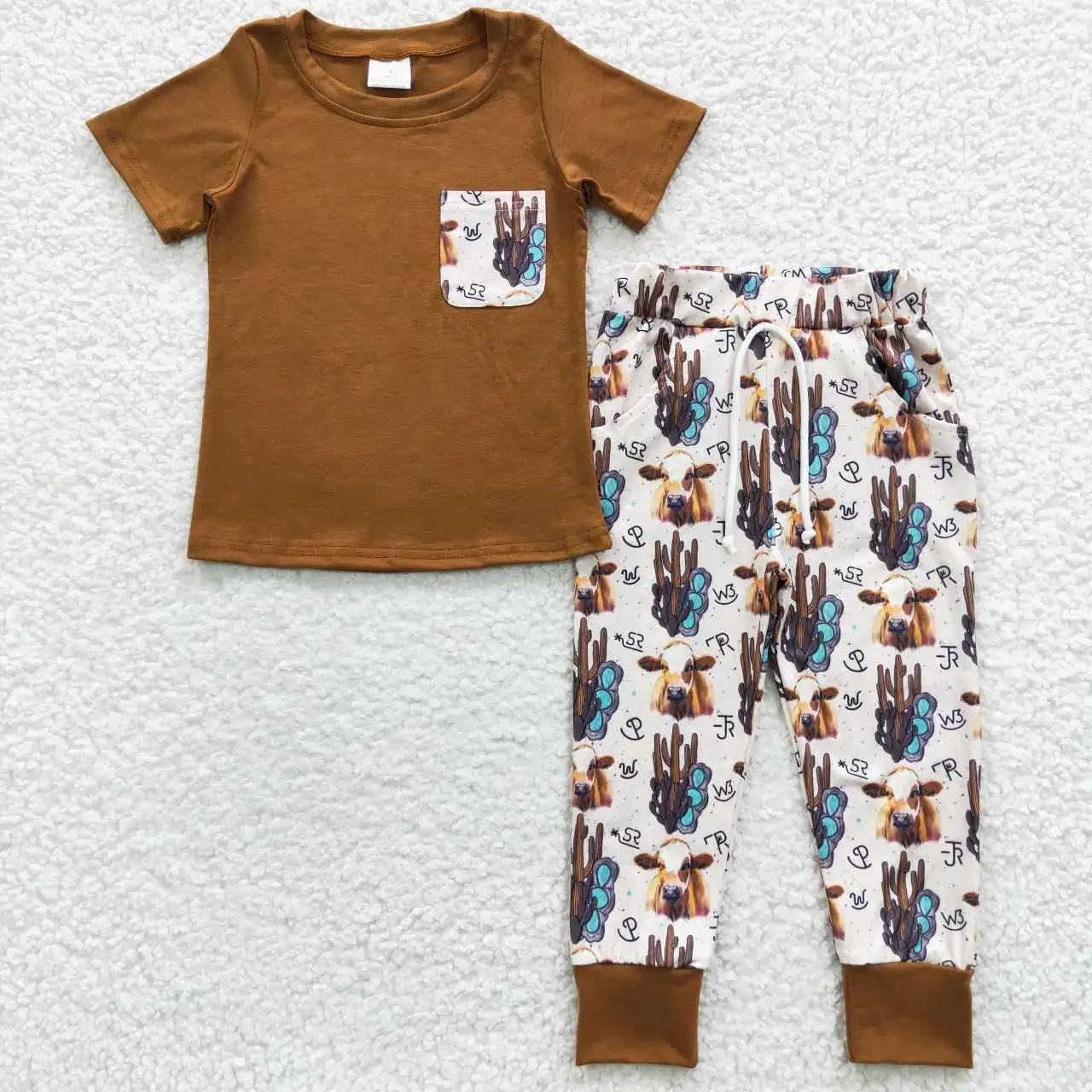 BSPO0107 Boys Cactus Bull Head Brown Pocket Short Sleeve Pant Outfits Summer Boutique Set