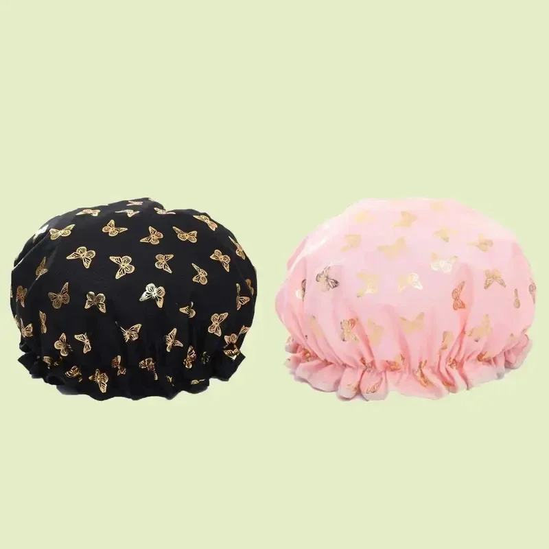 1 double layer bronzing printed waterproof shower cap bath and bath cap