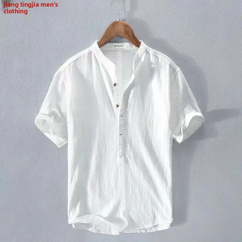 

Высококачественная хлопково-льняная футболка с коротким рукавом, больших размеров, в ретро-китайском стиле, с воротником-стойкой, свободного кроя, для мужчин среднего и пожилого возраста