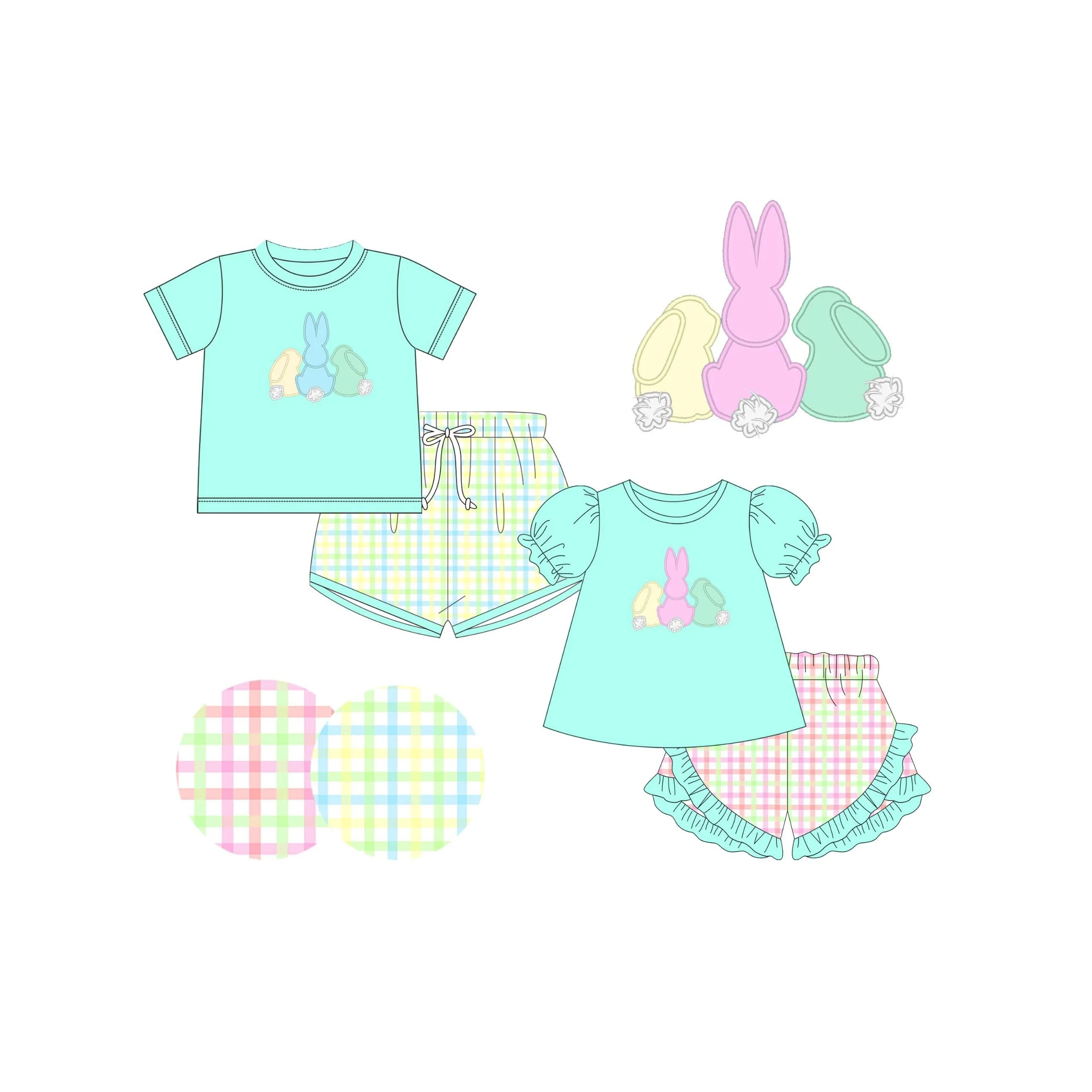 Festive Casual Clothes Easter Rabbit Toddler Outfit  Boy Girls Bunny Print T-Shirt + Plaid Shorts Set