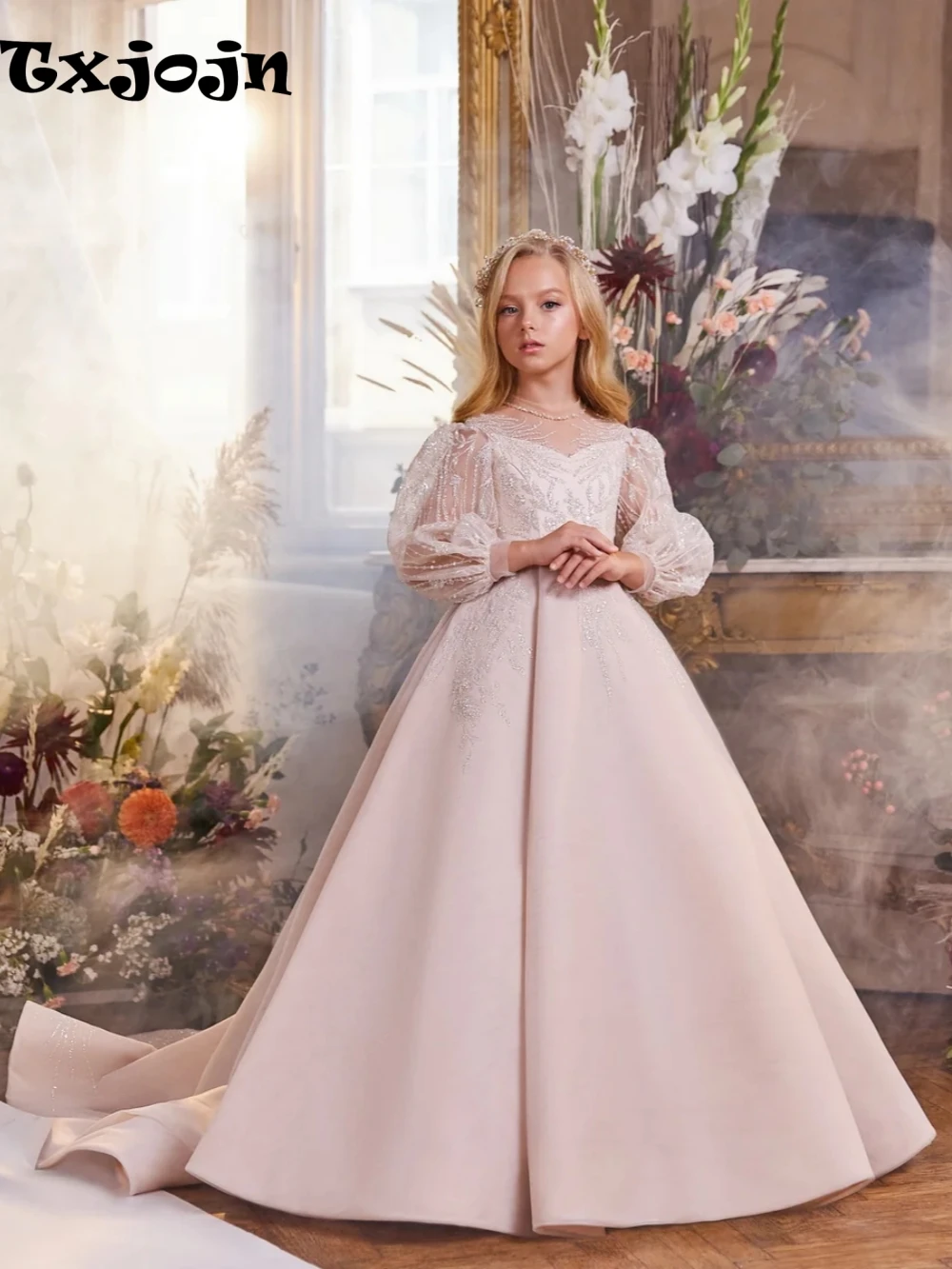 

2026 New Arrival Elegant Beaded Girls Party Dresses Exquisite High Collar Puff Sleeve A-line Princess Gown Stage Performance